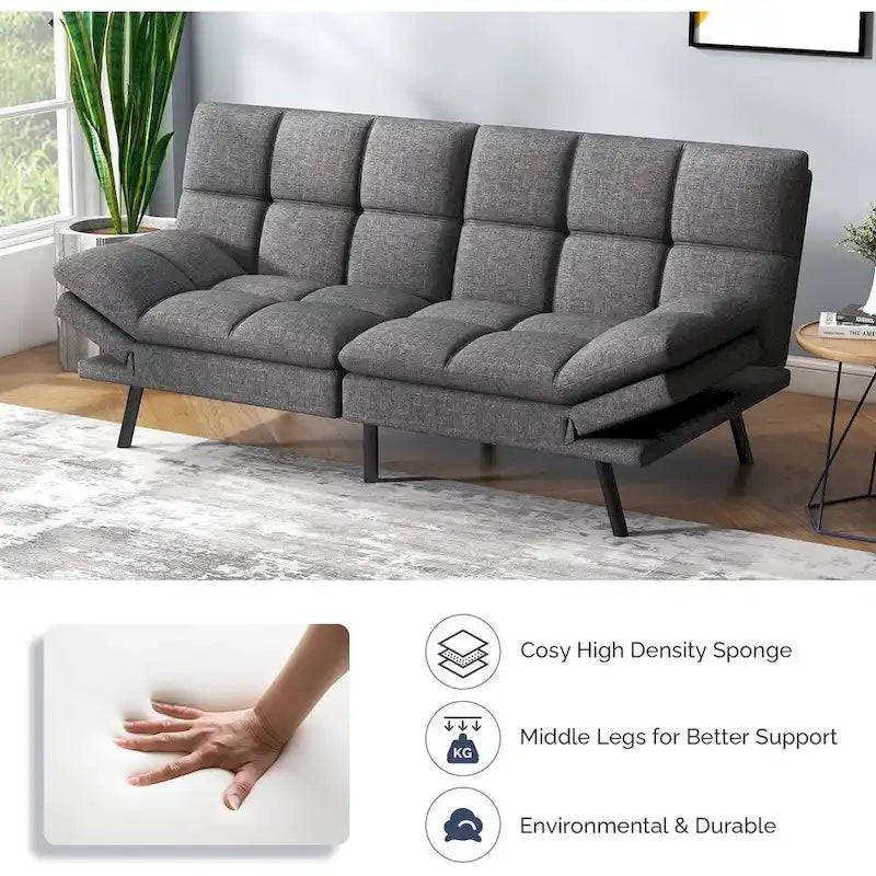 Convertible Futon Sofa Bed with Adjustable Armrests | Foldable Loveseat Sleeper
