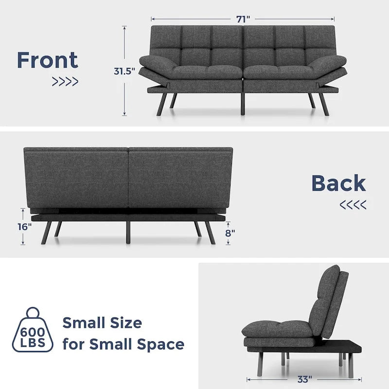 Convertible Futon Sofa Bed with Adjustable Armrests | Foldable Loveseat Sleeper