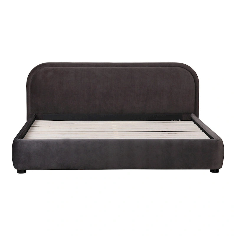 Modern Curved Oatmeal Upholstered Platform Bed | No Box Spring Needed