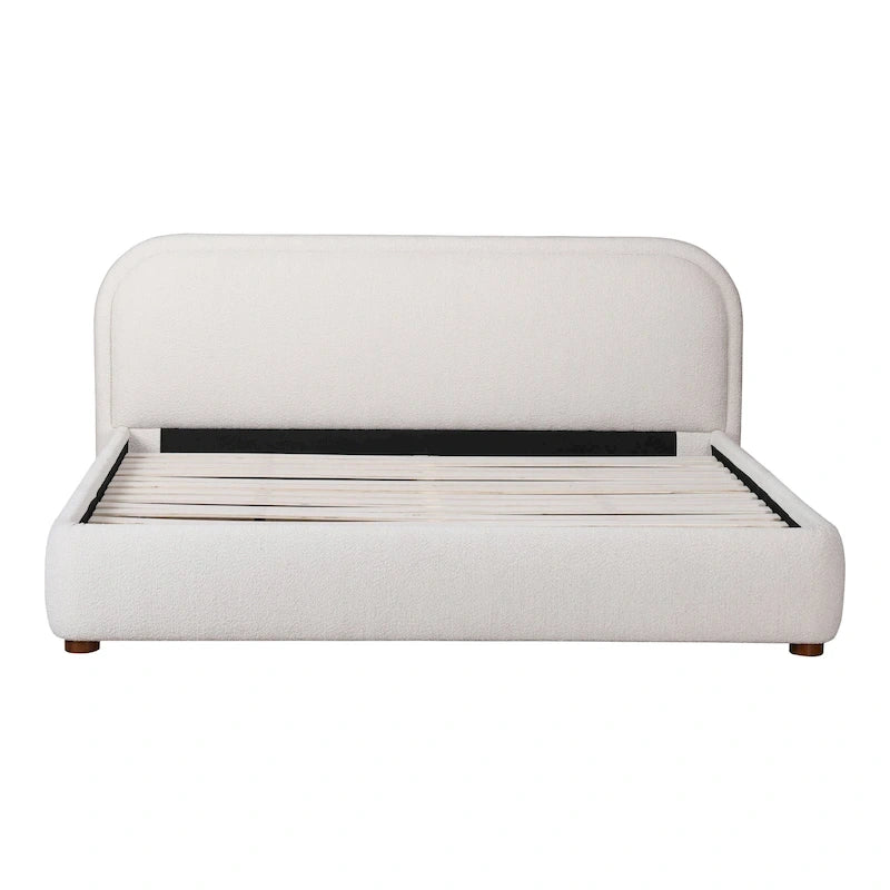 Modern Curved Oatmeal Upholstered Platform Bed | No Box Spring Needed