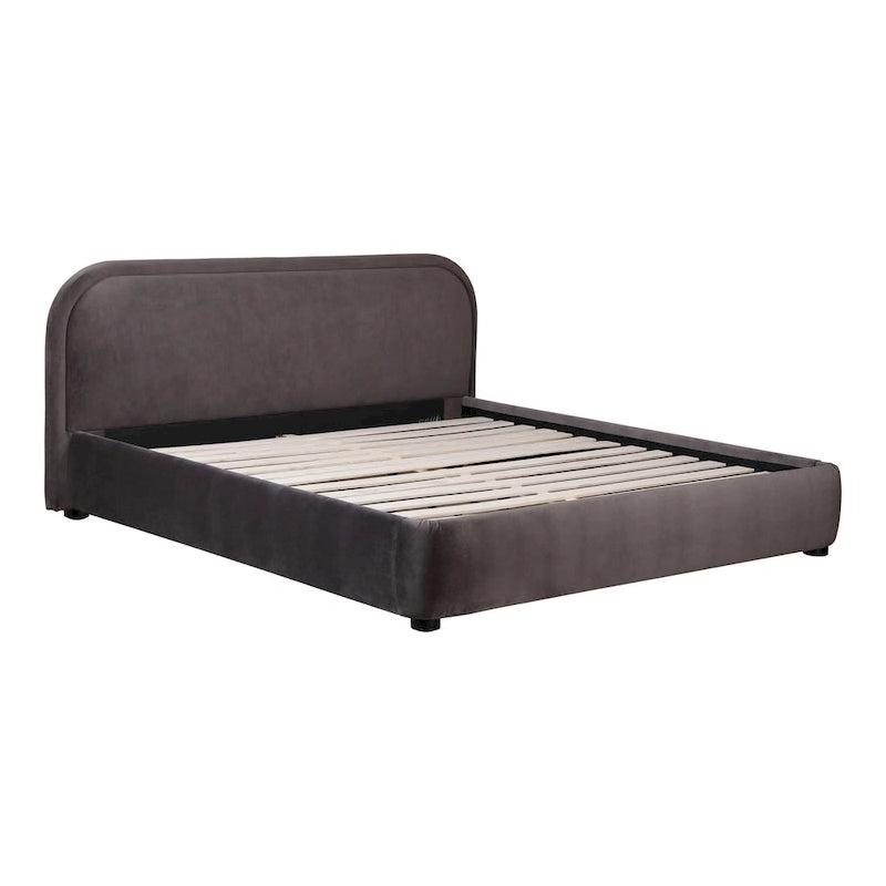 Modern Curved Oatmeal Upholstered Platform Bed | No Box Spring Needed