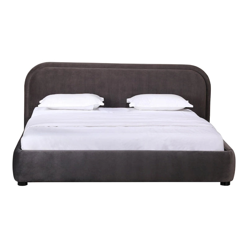 Modern Curved Oatmeal Upholstered Platform Bed | No Box Spring Needed