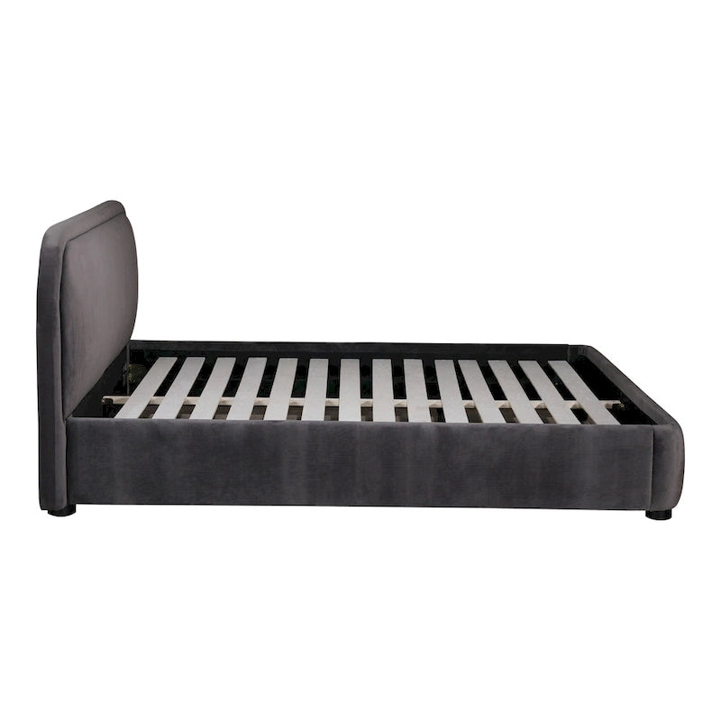 Modern Curved Oatmeal Upholstered Platform Bed | No Box Spring Needed