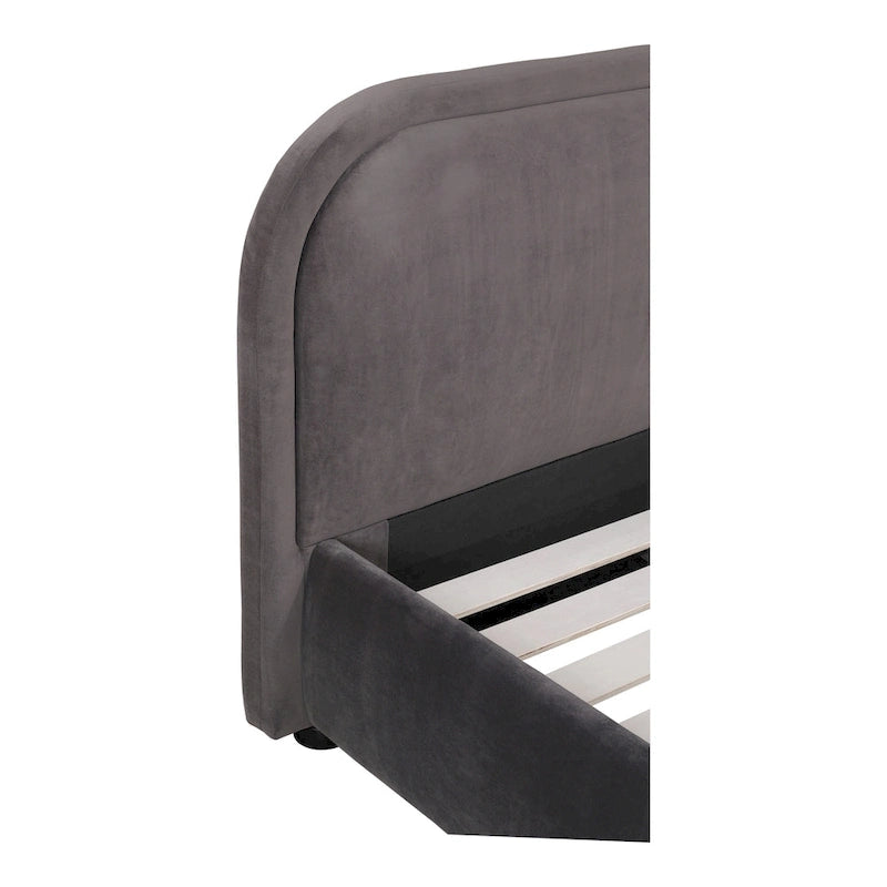 Modern Curved Oatmeal Upholstered Platform Bed | No Box Spring Needed