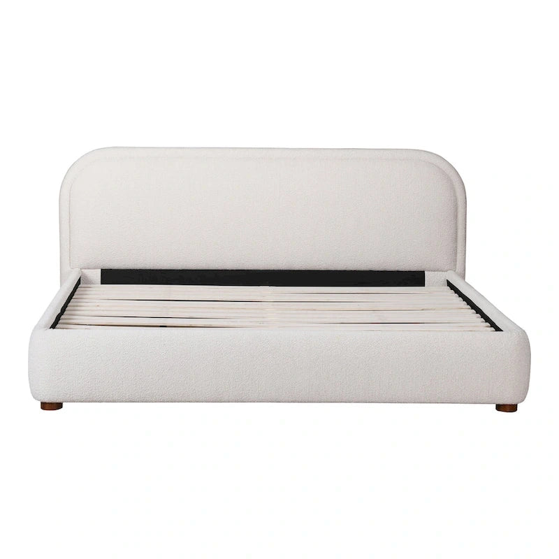 Modern Curved Oatmeal Upholstered Platform Bed | No Box Spring Needed