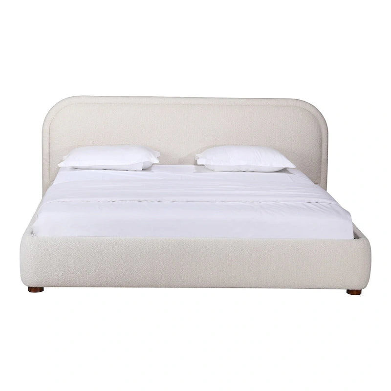 Modern Curved Oatmeal Upholstered Platform Bed | No Box Spring Needed