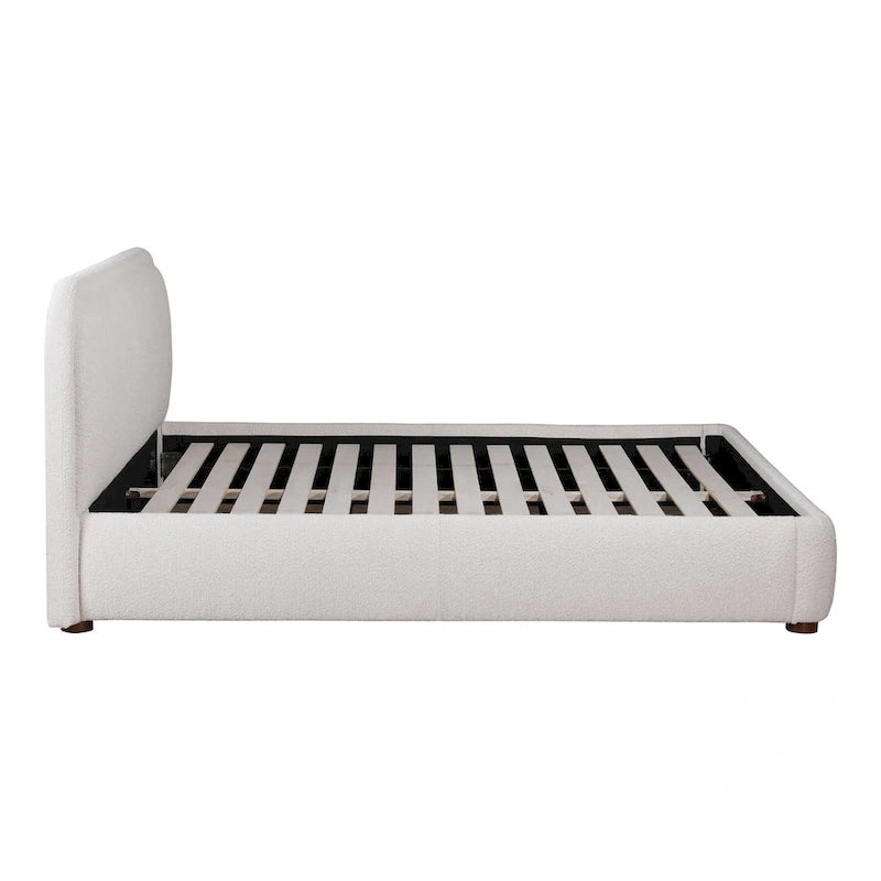 Modern Curved Oatmeal Upholstered Platform Bed | No Box Spring Needed