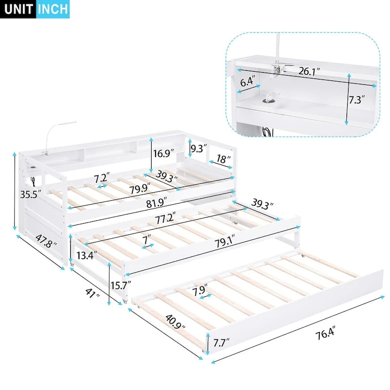 Twin XL Wood Daybed with 2 Trundles, 3 Storage Cubbies, 1 Light for Free and USB Charging Design, Gray