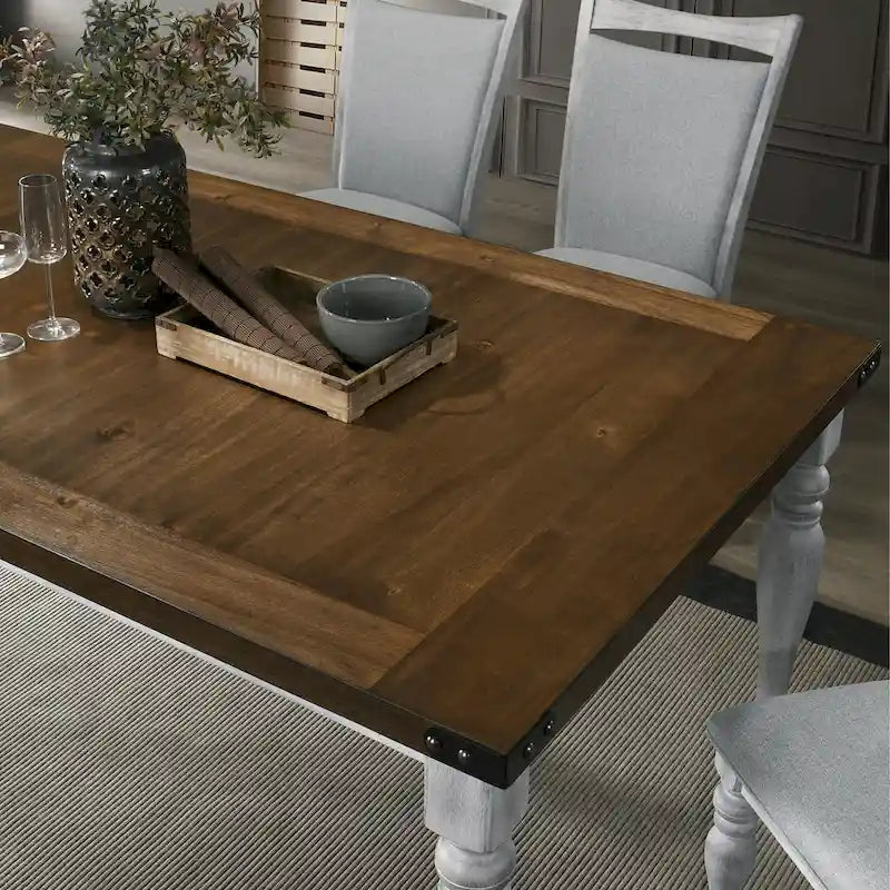 7-Piece Dining Table Set with 6 Upholstered Chairs, Rustic White & Oak