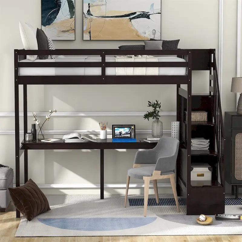 Twin Size Loft Bed with Staircase, Built-in Desk and Storage Steps