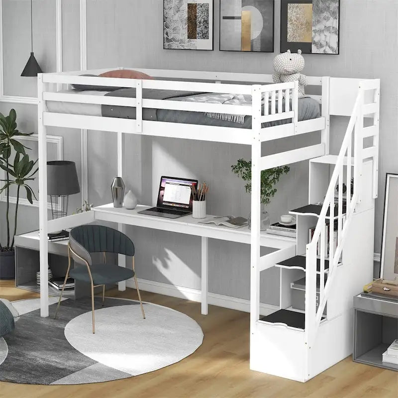 Twin Size Loft Bed with Staircase, Built-in Desk and Storage Steps
