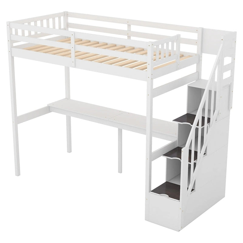 Twin Size Loft Bed with Staircase, Built-in Desk and Storage Steps