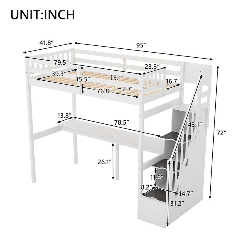 Twin Size Loft Bed with Staircase, Built-in Desk and Storage Steps