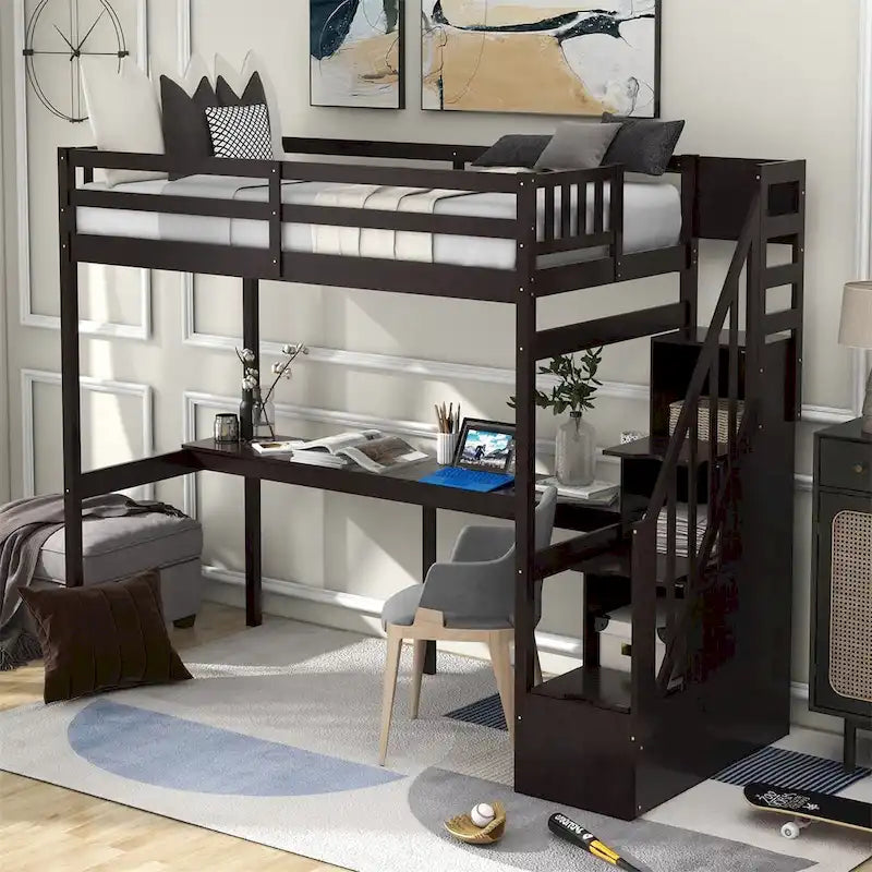 Twin Size Loft Bed with Staircase, Built-in Desk and Storage Steps