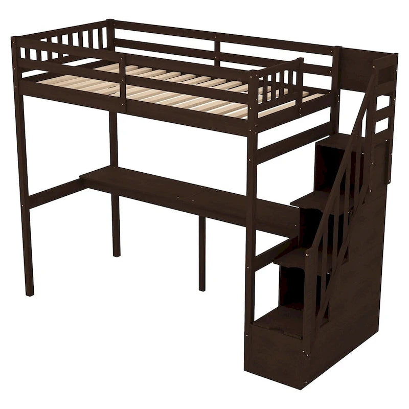 Twin Size Loft Bed with Staircase, Built-in Desk and Storage Steps