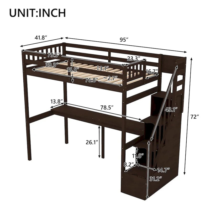 Twin Size Loft Bed with Staircase, Built-in Desk and Storage Steps