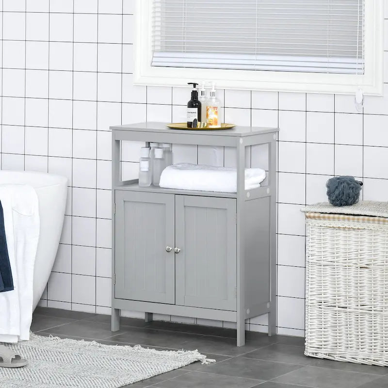 kleankin Freestanding Modern Bathroom Storage Cabinet, with Doors and Open Shelf, Bathroom Organizer Furniture, Grey