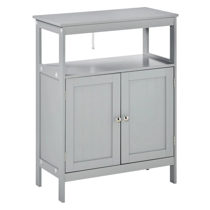 Freestanding Modern Grey Bathroom Storage Cabinet with Doors and Open Shelf