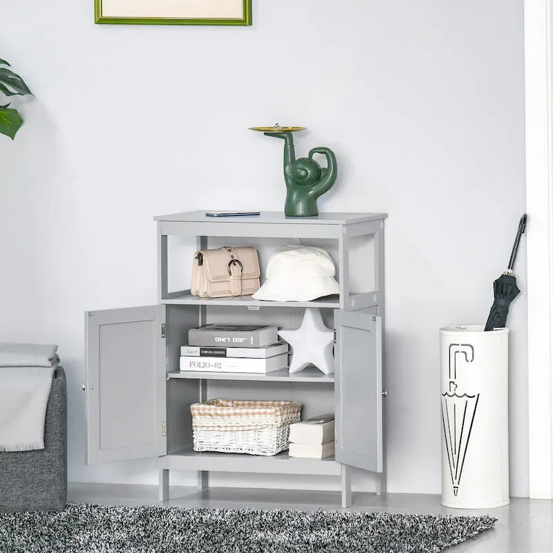 Freestanding Modern Grey Bathroom Storage Cabinet with Doors and Open Shelf