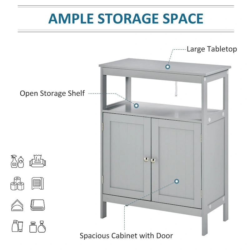 Freestanding Modern Grey Bathroom Storage Cabinet with Doors and Open Shelf