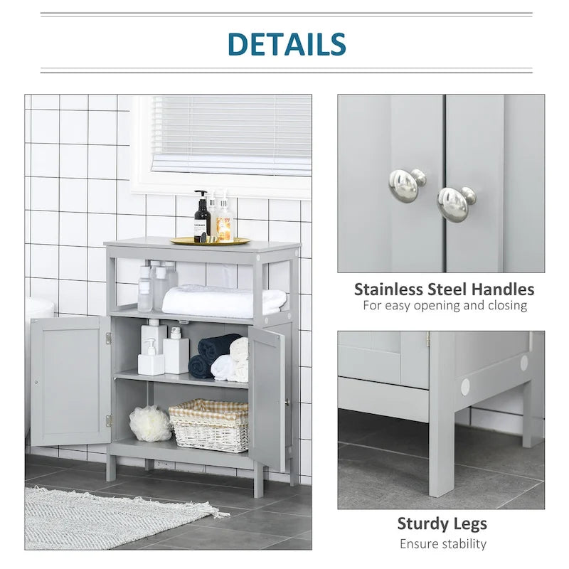 Freestanding Modern Grey Bathroom Storage Cabinet with Doors and Open Shelf