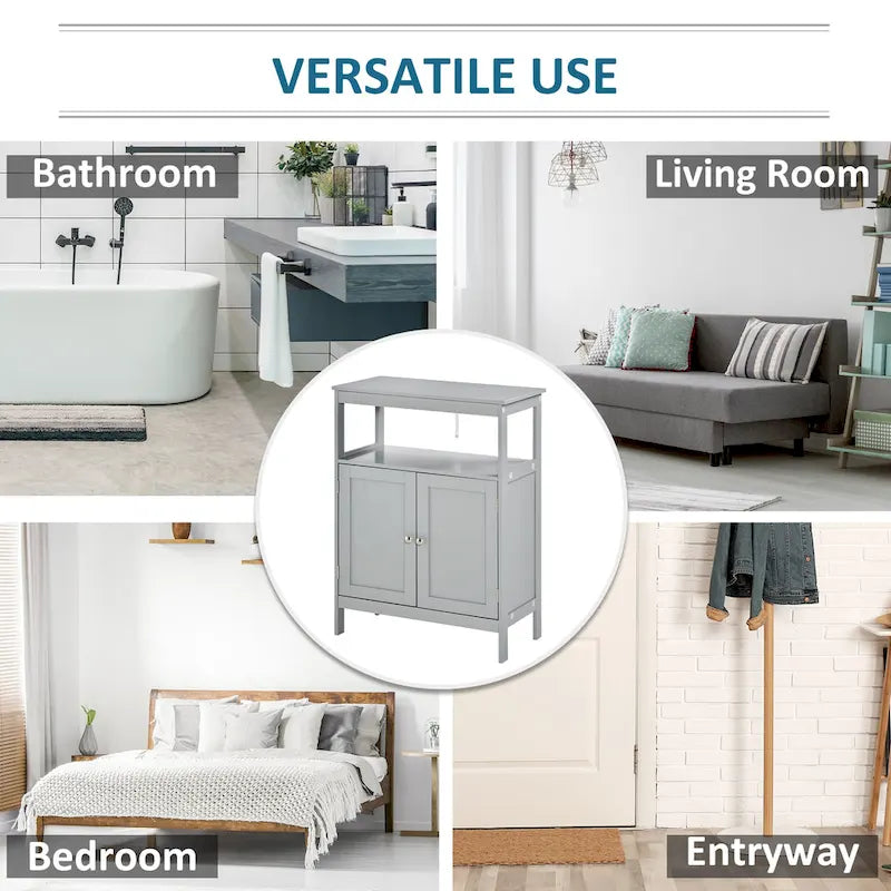 Freestanding Modern Grey Bathroom Storage Cabinet with Doors and Open Shelf
