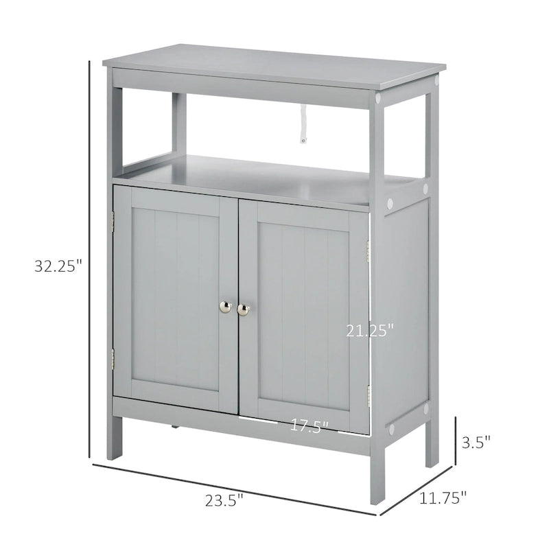 Freestanding Modern Grey Bathroom Storage Cabinet with Doors and Open Shelf