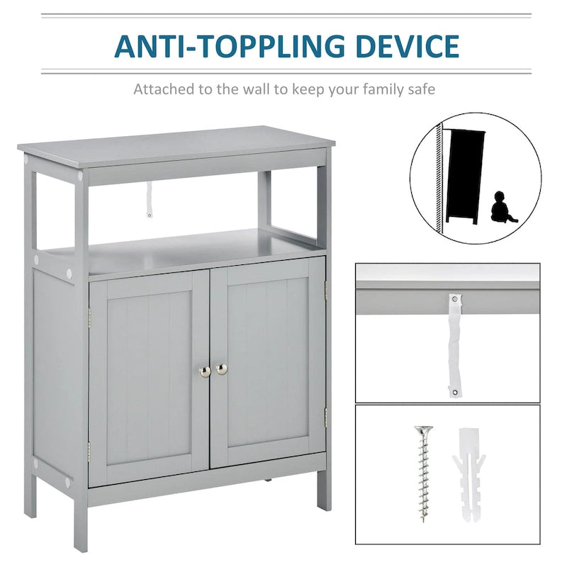 Freestanding Modern Grey Bathroom Storage Cabinet with Doors and Open Shelf