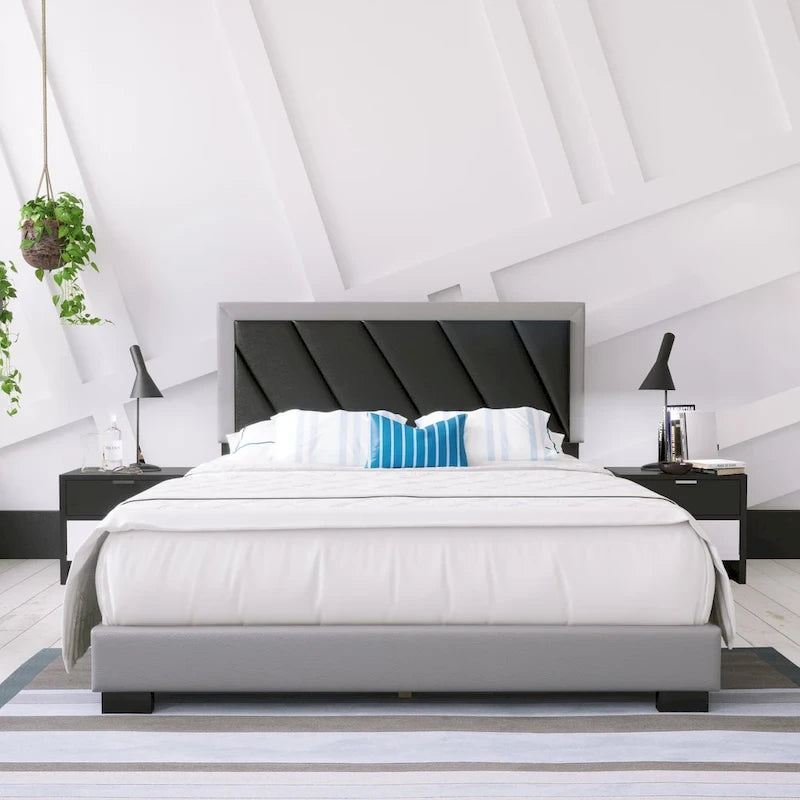 Diagonal Upholstered Black & Gray Bed Frame with Tufted Headboard