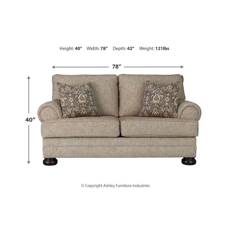 Oatmeal Chenille Loveseat with Roll Arms, Accent Pillows & Faux Wood Feet