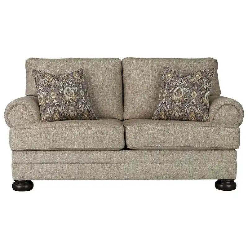 Oatmeal Chenille Loveseat with Roll Arms, Accent Pillows & Faux Wood Feet