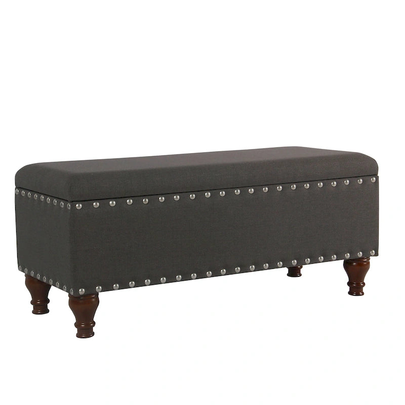 Tufted Linen Storage Bench with Nailhead Trim and Walnut Legs