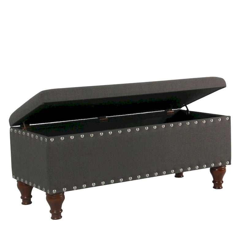 Tufted Linen Storage Bench with Nailhead Trim and Walnut Legs