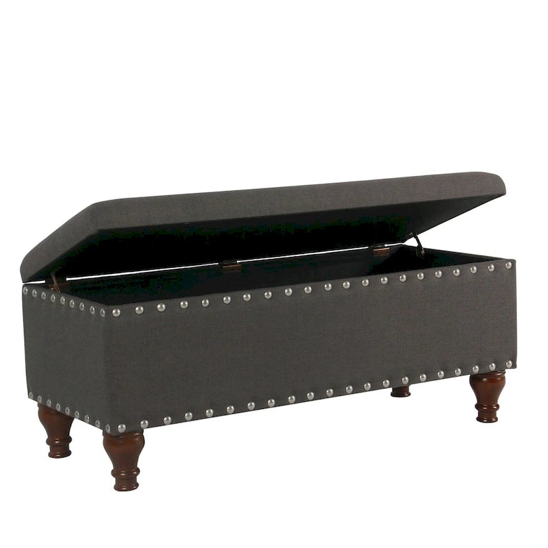 Tufted Linen Storage Bench with Nailhead Trim and Walnut Legs
