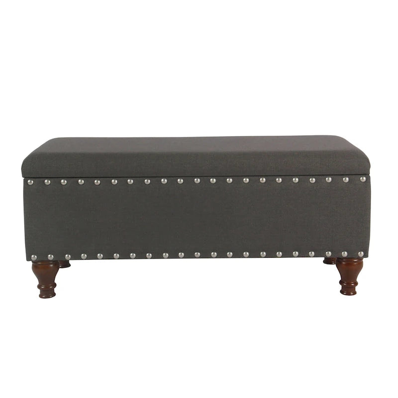 Tufted Linen Storage Bench with Nailhead Trim and Walnut Legs
