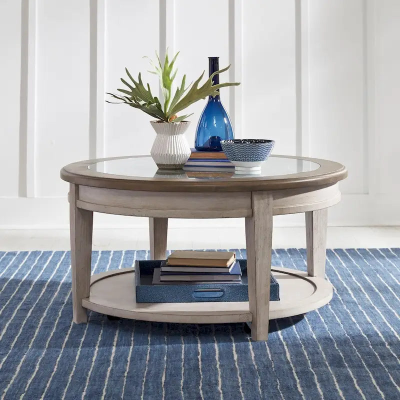 Round Ceiling Tile Cocktail Table in Antique White & Tobacco