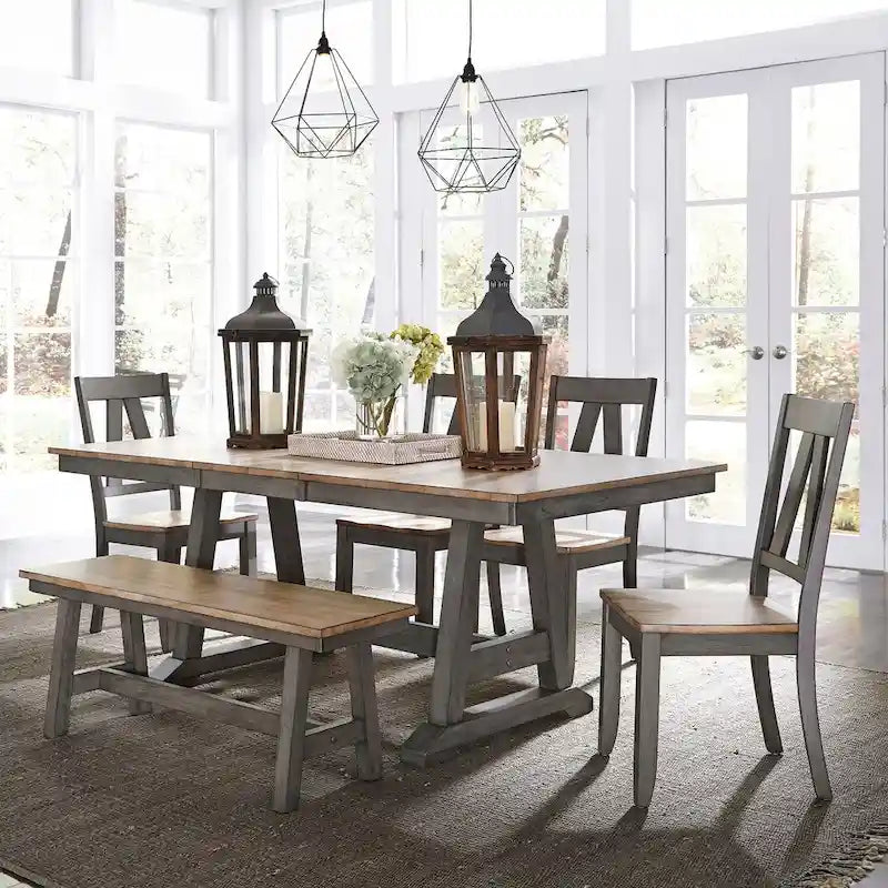 Gray and Sandstone Backless Dining Bench with Butterfly Leaf, Rubberwood