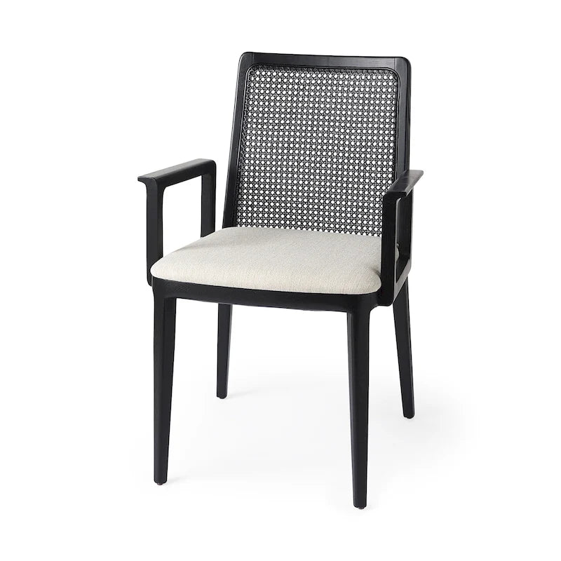 Cream Fabric & Cane Back Dining Chair with Solid Wood Frame