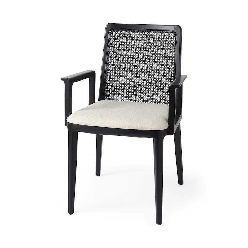Cream Fabric & Cane Back Dining Chair with Solid Wood Frame
