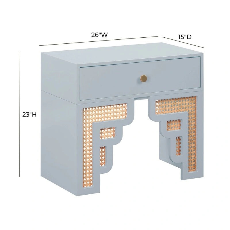 Wood & Rattan Nightstand with Soft Close Drawer, Art Deco Style