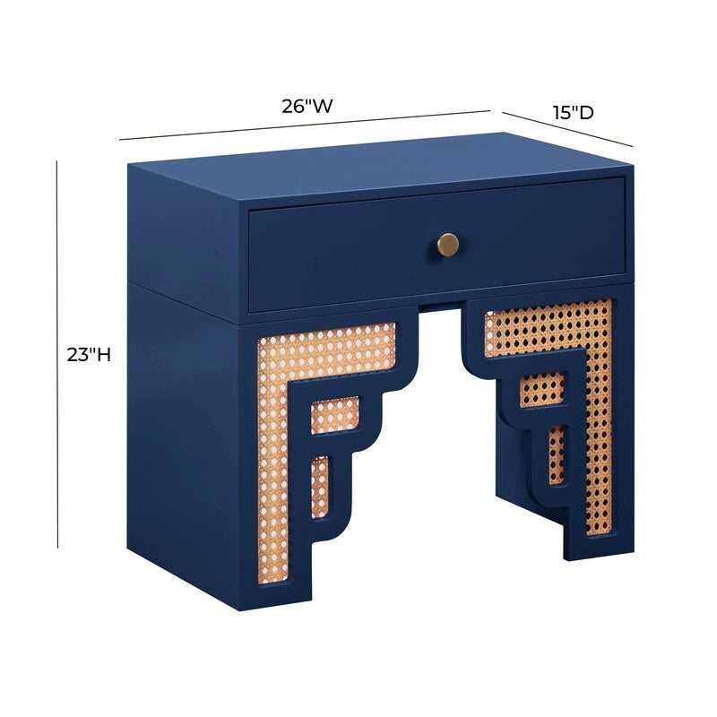 Wood & Rattan Nightstand with Soft Close Drawer, Art Deco Style