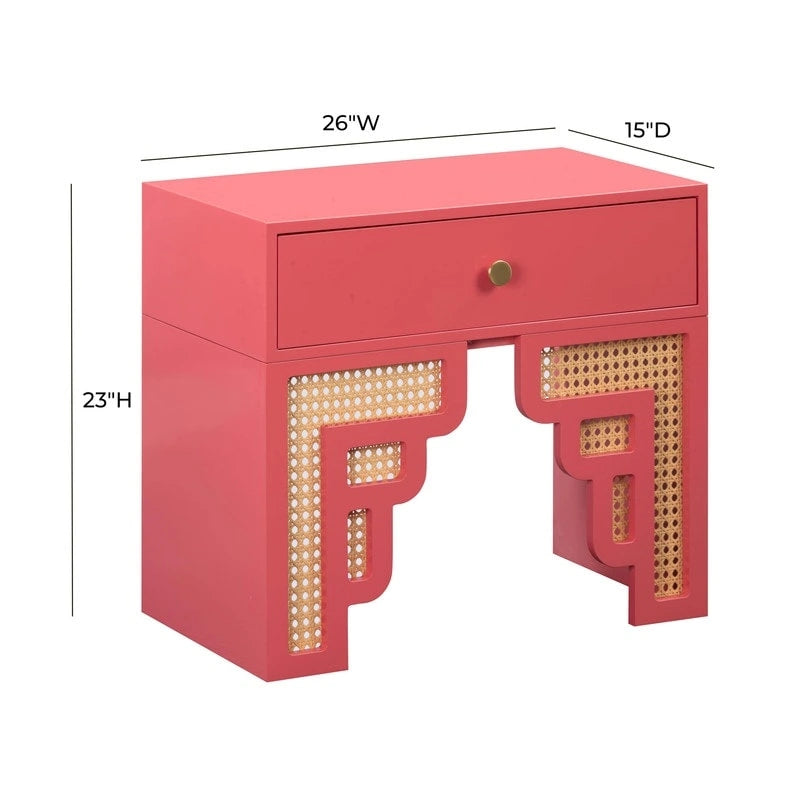 Wood & Rattan Nightstand with Soft Close Drawer, Art Deco Style