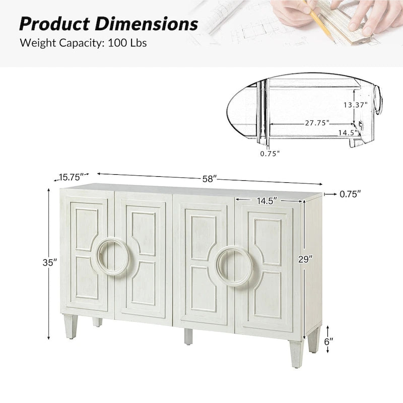 Credenza/mobile buffet contemporaneo da 58" con maniglie tonde in legno massiccio