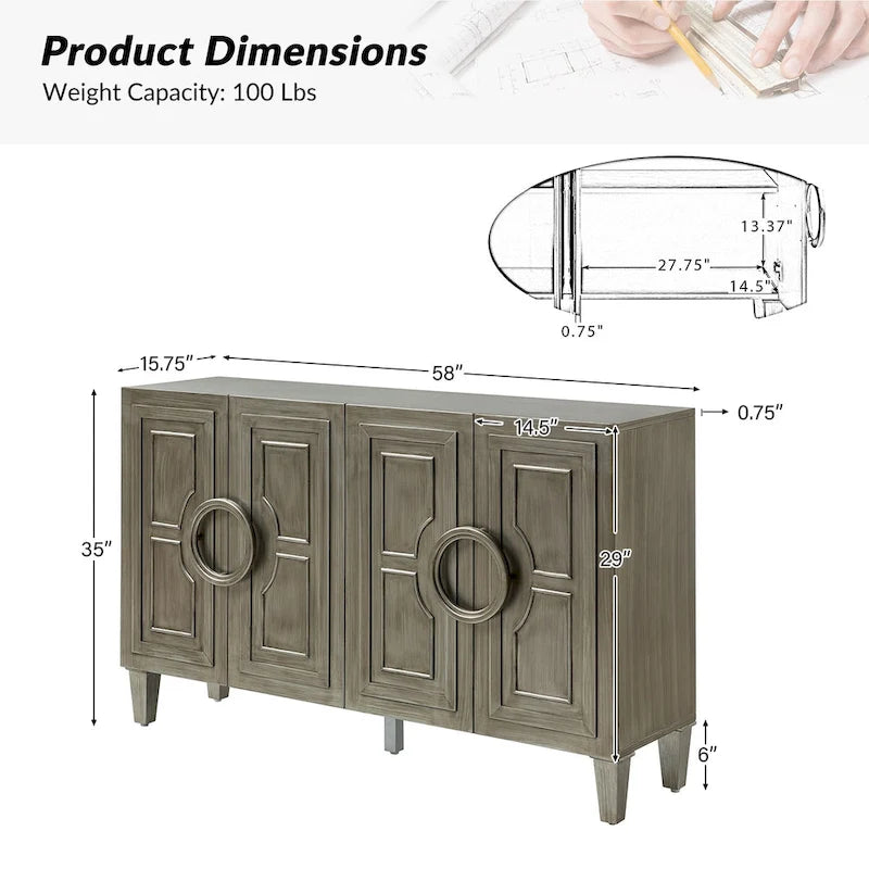 Credenza/mobile buffet contemporaneo da 58" con maniglie tonde in legno massiccio