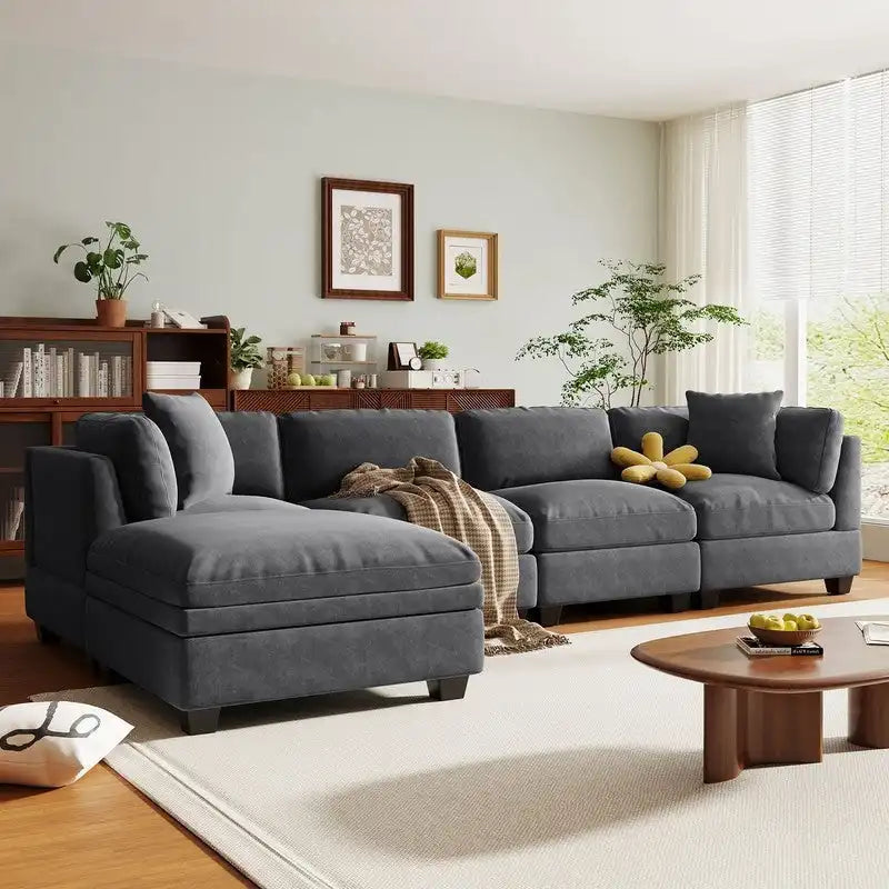 Modular Sofa with Removable Storage Ottoman, 2 Hidden Cup Holders