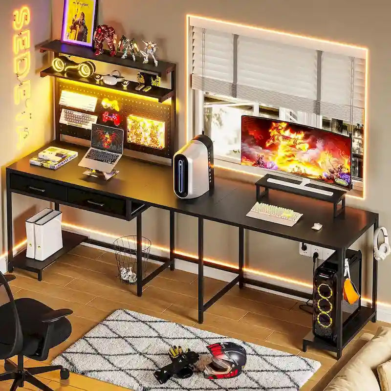 L-Shaped Gaming Desk with LED Lights, Pegboard, Drawers & Monitor Stand