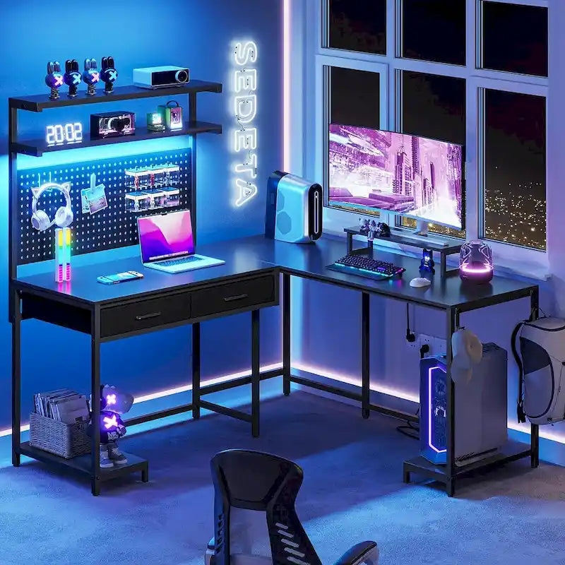 L-Shaped Gaming Desk with LED Lights, Pegboard, Drawers & Monitor Stand