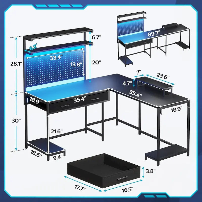 L-Shaped Gaming Desk with LED Lights, Pegboard, Drawers & Monitor Stand