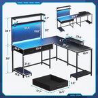 L-Shaped Gaming Desk with LED Lights, Pegboard, Drawers & Monitor Stand