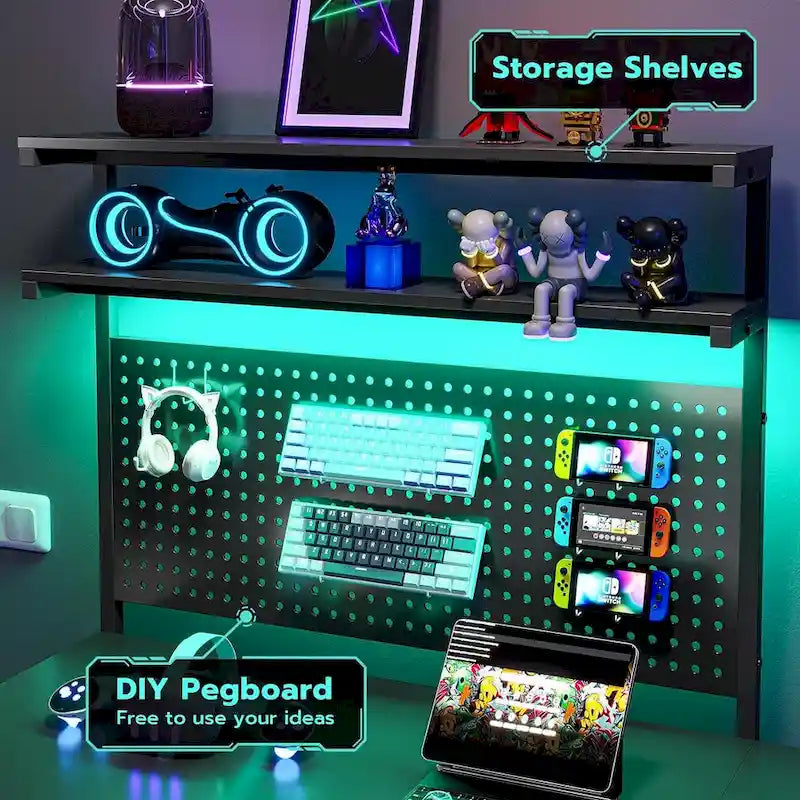 L-Shaped Gaming Desk with LED Lights, Pegboard, Drawers & Monitor Stand